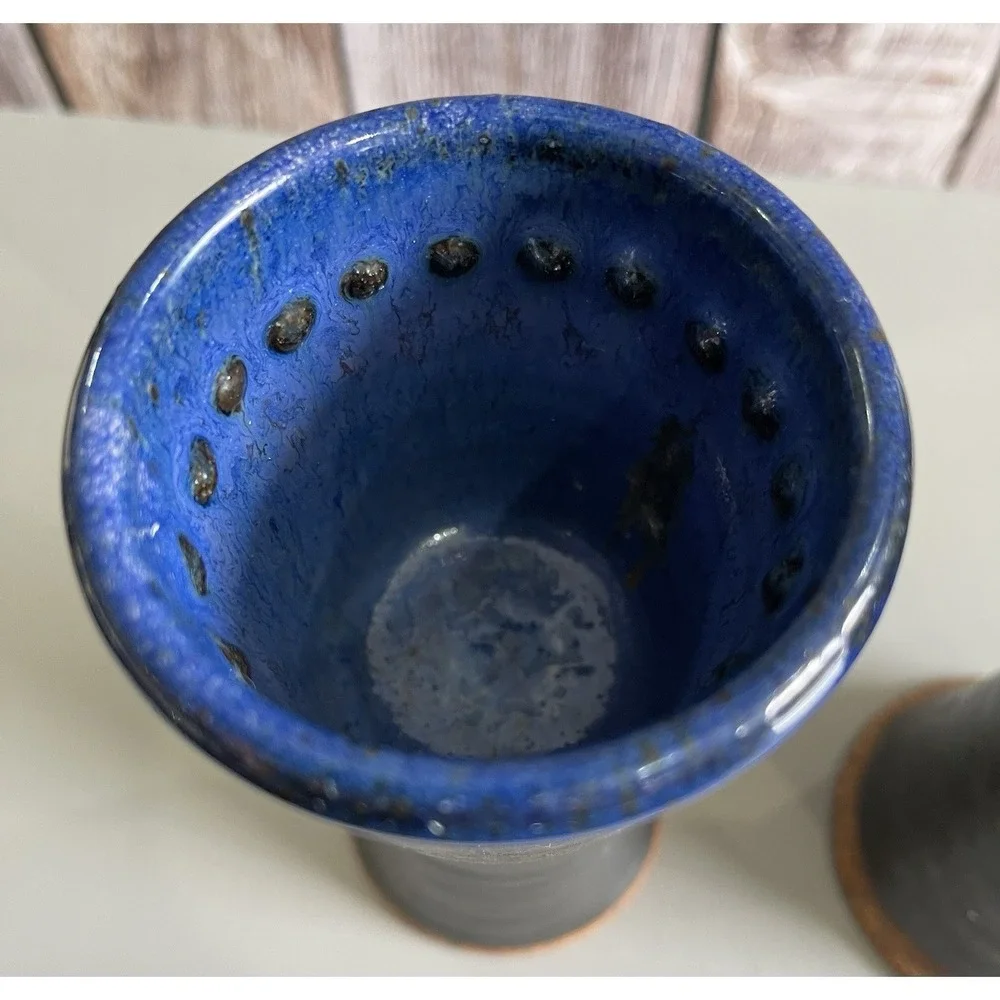 Handmade Studio Pottery Goblets Pair Gunmetal Cobalt Blue Stoneware Chalice 4oz